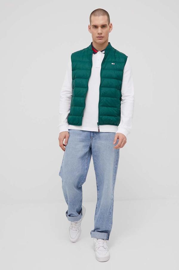Péřová vesta Tommy Jeans pánský, zelená barva, přechodný