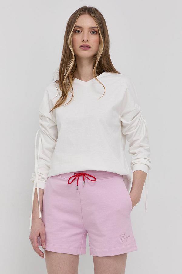 Bavlněné šortky Hugo dámské, růžová barva, hladké, high waist