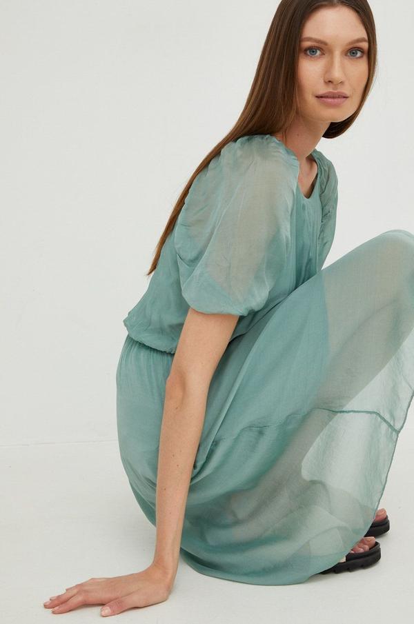 Šaty s hedvábím Answear Lab Silk Blend tyrkysová barva, mini