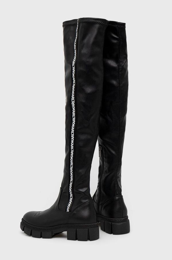 Kožené kozačky Karl Lagerfeld Aria dámské, černá barva, na plochém podpatku