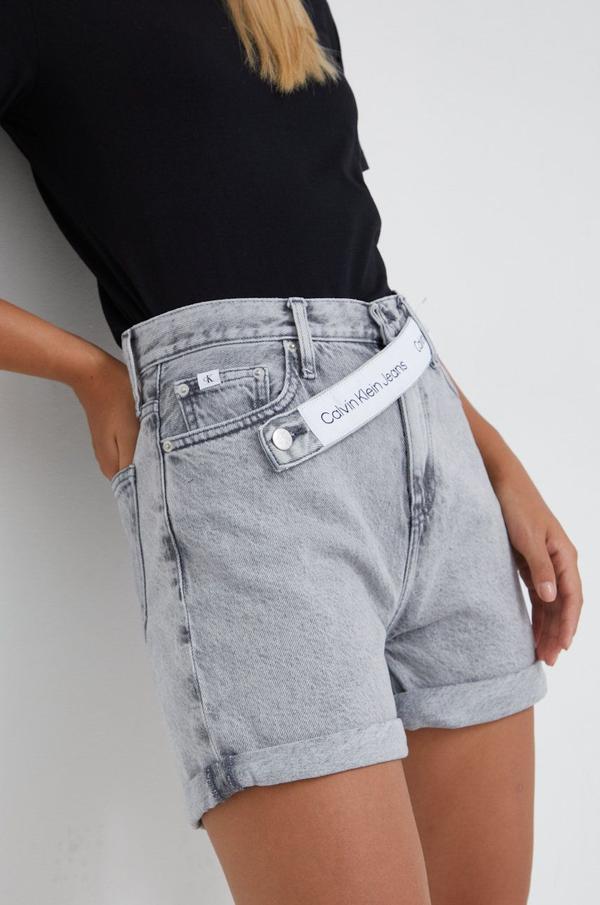 Džínové šortky Calvin Klein Jeans dámské, šedá barva, hladké, high waist