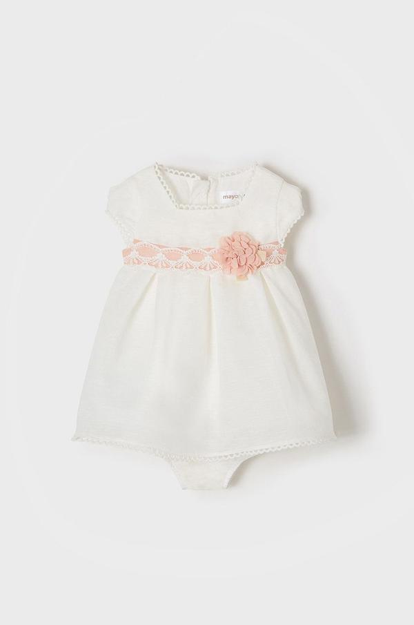 Dětské lněné šaty Mayoral Newborn béžová barva, mini, áčková