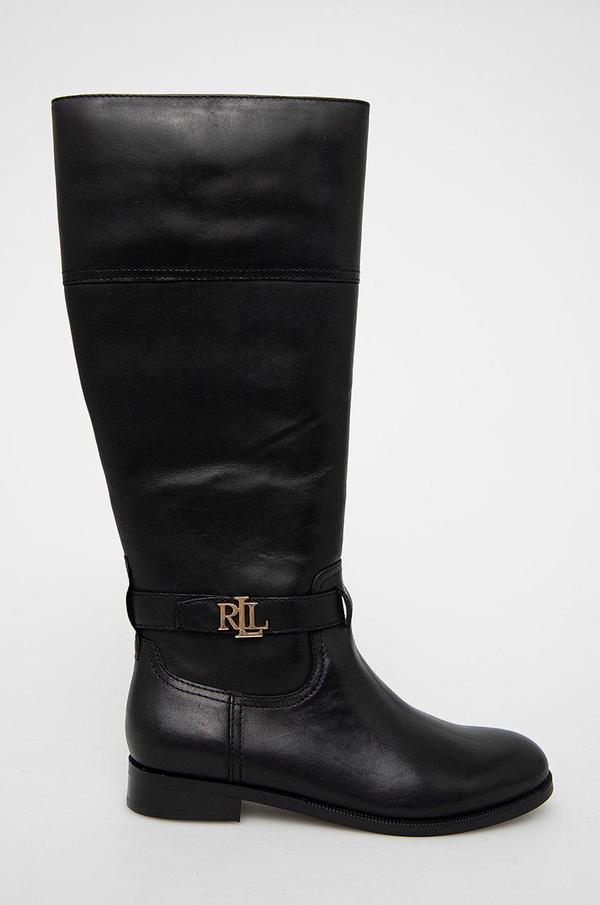 Kožené kozačky Lauren Ralph Lauren dámské, černá barva, na plochém podpatku