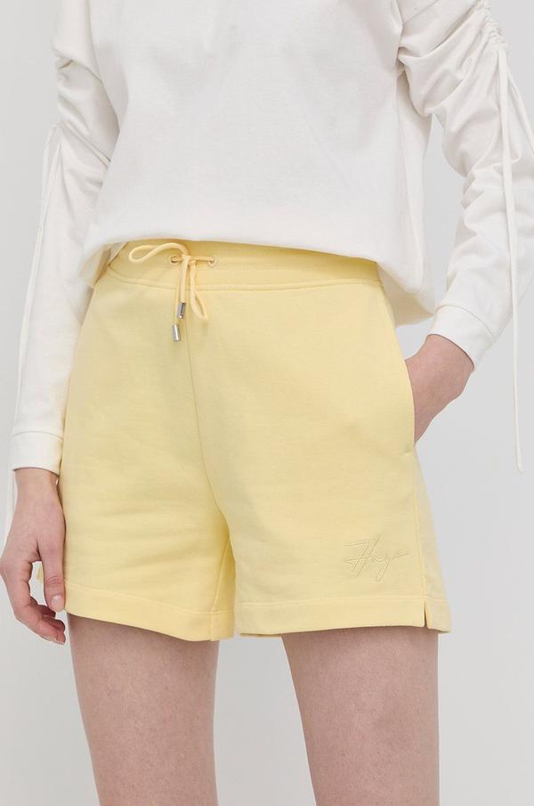 Bavlněné šortky Hugo dámské, žlutá barva, hladké, high waist