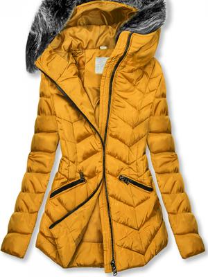 Žlutá zimní prošívaná bunda s nepravou kožešinou