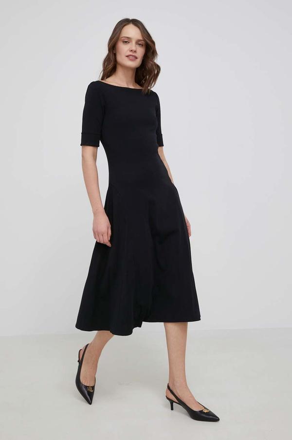 Šaty Lauren Ralph Lauren černá barva, midi, áčková