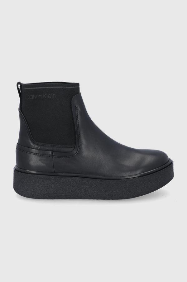 Kožené kotníkové boty Calvin Klein dámské, černá barva, na platformě