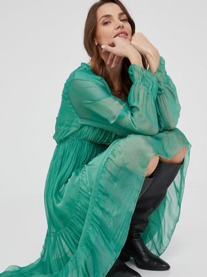 Hedvábné šaty Answear Lab zelená barva, midi, áčková