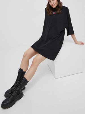 Bavlněné šaty Tommy Jeans černá barva, mini, oversize