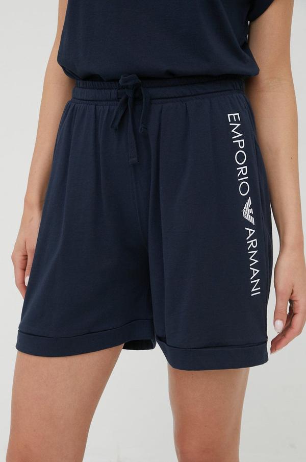 Bavlněné šortky Emporio Armani Underwear dámské, tmavomodrá barva, s potiskem, high waist