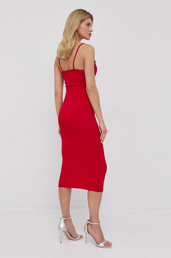 Šaty Bardot červená barva, midi, přiléhavá