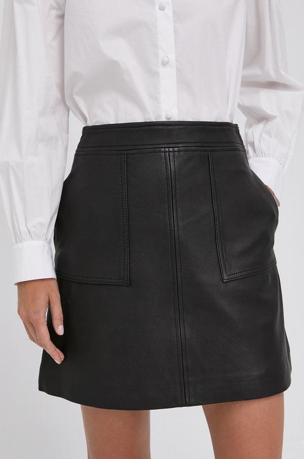 Kožená sukně The Kooples černá barva, mini, áčková