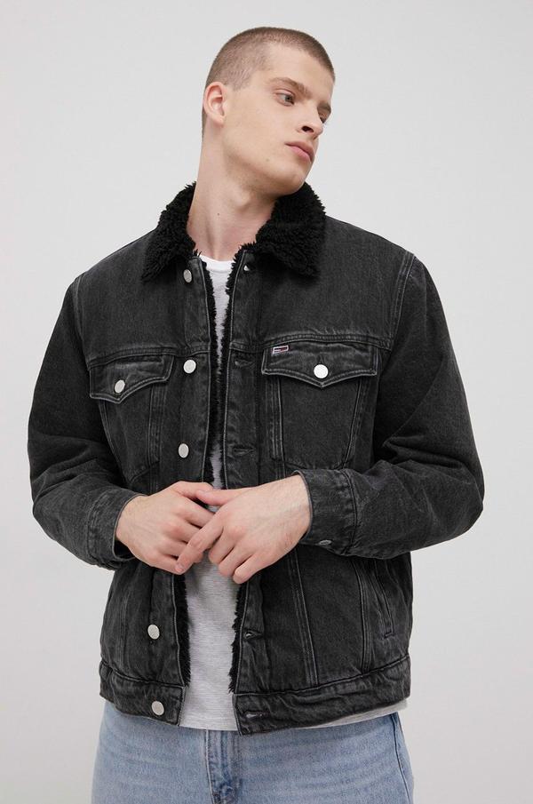 Džínová bunda Tommy Jeans pánská, černá barva, zimní