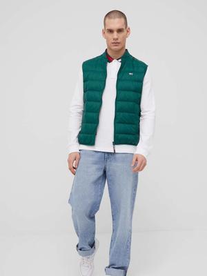 Péřová vesta Tommy Jeans pánský, zelená barva, přechodný
