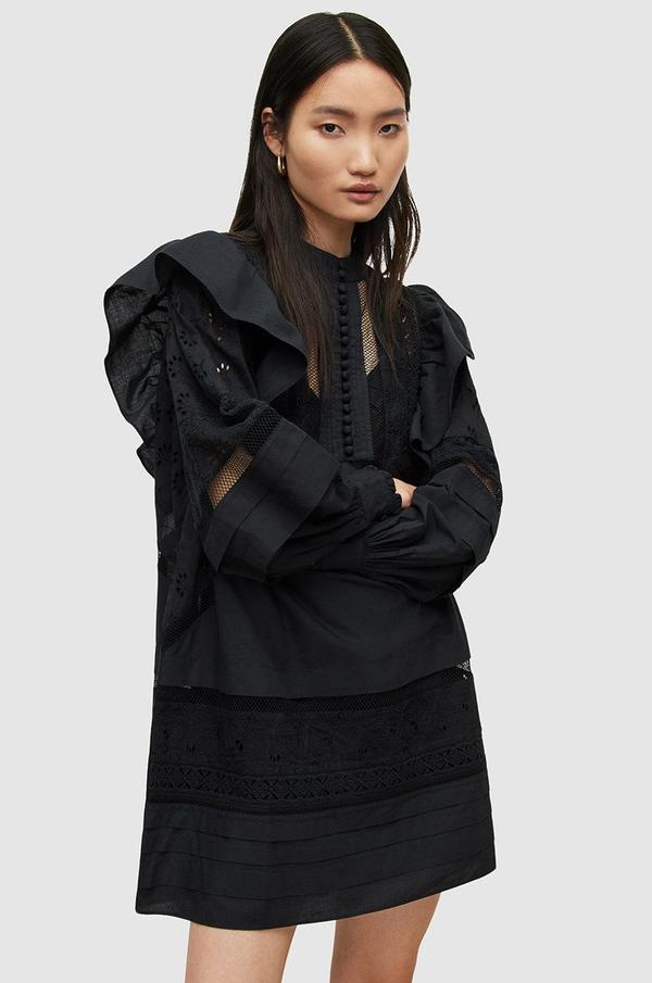 Šaty ze směsi lnu AllSaints černá barva, mini, oversize