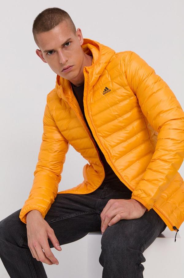 Péřová bunda adidas Performance pánská, oranžová barva, zimní
