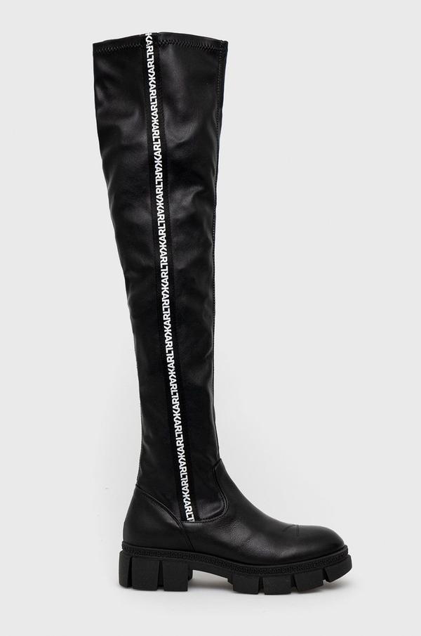 Kožené kozačky Karl Lagerfeld Aria dámské, černá barva, na plochém podpatku