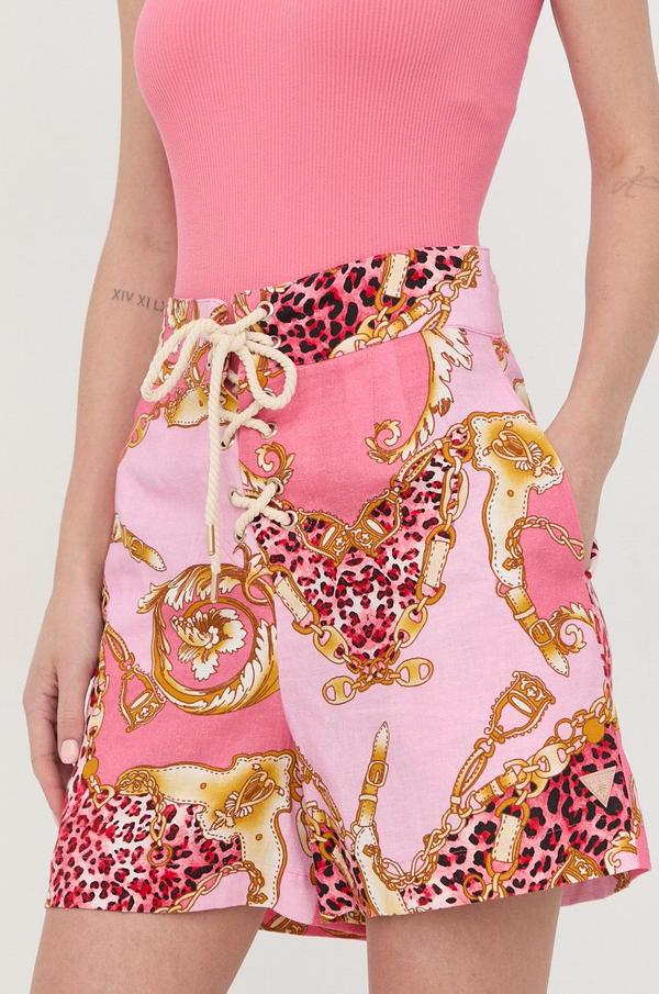 Plátěné kraťasy Guess dámské, růžová barva, vzorované, high waist