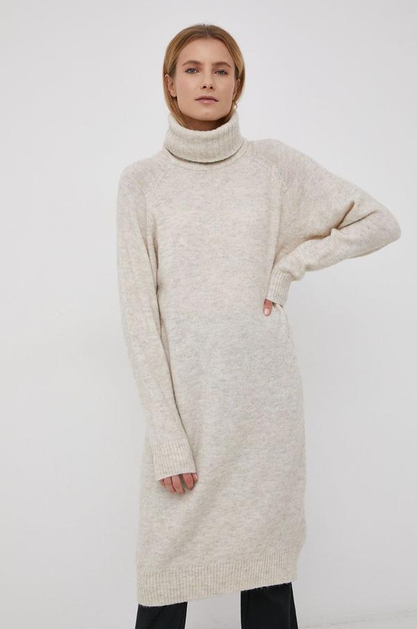Šaty z vlněné směsi Vero Moda krémová barva, mini, oversize