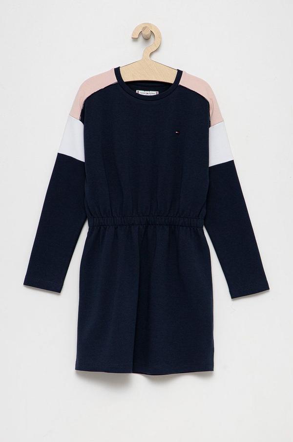 Dětské bavlněné šaty Tommy Hilfiger tmavomodrá barva, mini, áčkové