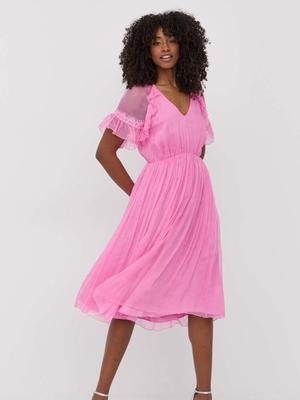 Hedvábné šaty Nissa růžová barva, midi, áčková