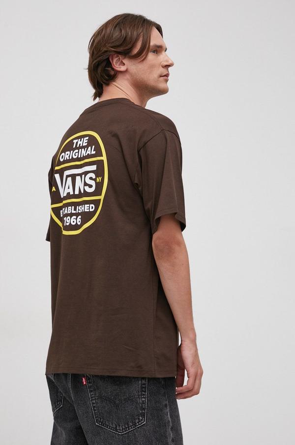 Bavlněné tričko Vans hnědá barva, s potiskem