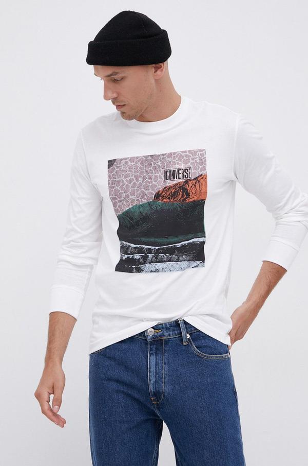 Bavlněné tričko s dlouhým rukávem Converse bílá barva, s potiskem