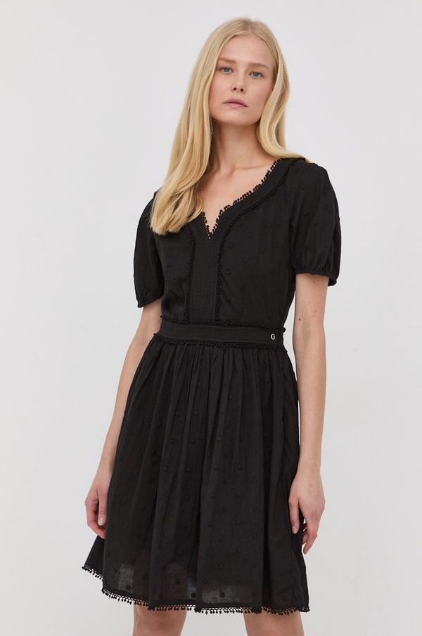 Bavlněné šaty Guess černá barva, mini, áčková